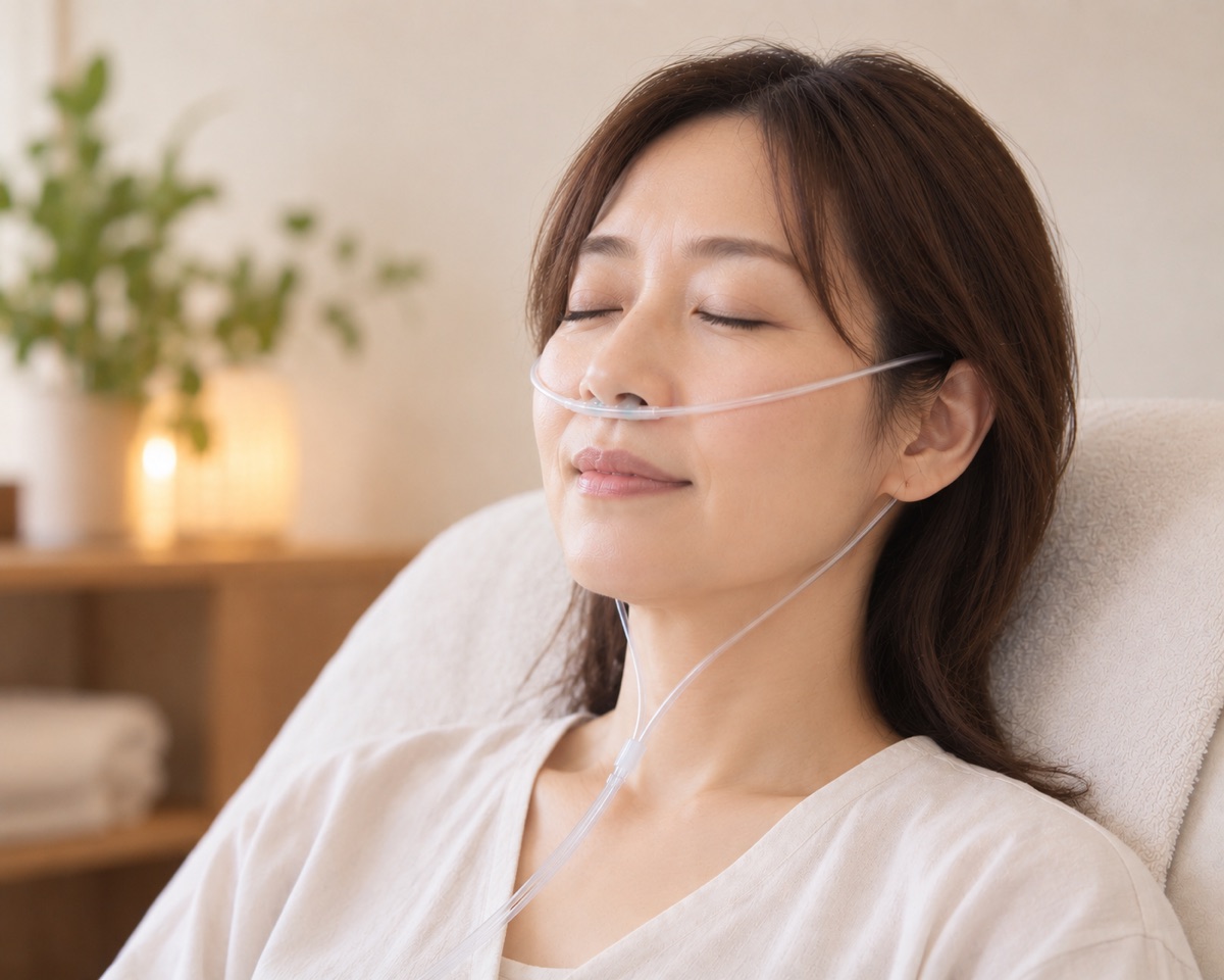 鼻にカニューレを付けて水素を吸入しているイメージ